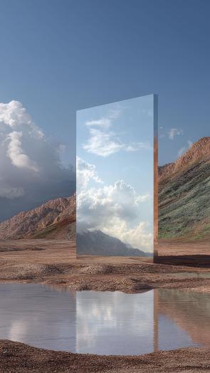 Surreal Landscape with Reflective Mirror Portal [1215×2160]