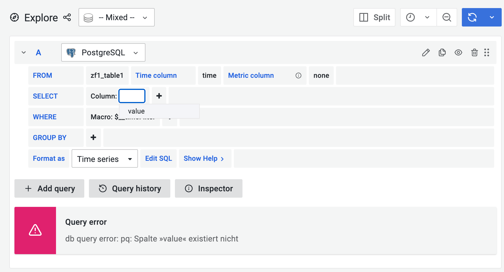 Grafana no Value suggestion in query builder. 
