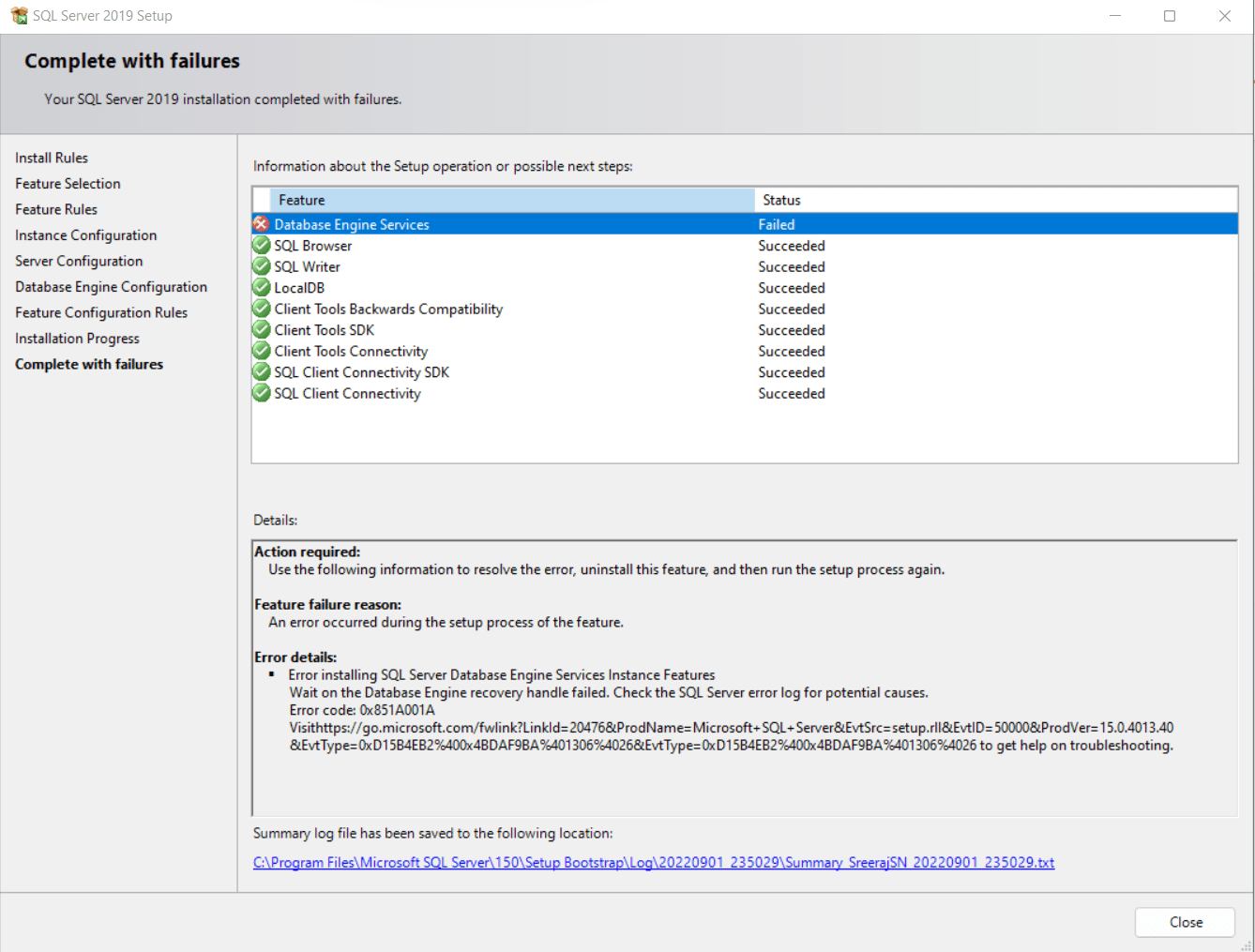 Error installing SQL Server Database Engine Services with SQL Server 2019 o...