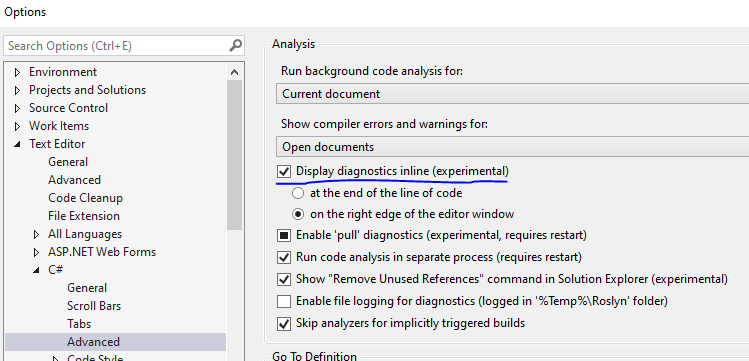 Display diagnostics inline