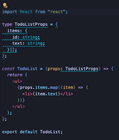 A typescript component with highlighted type annotations