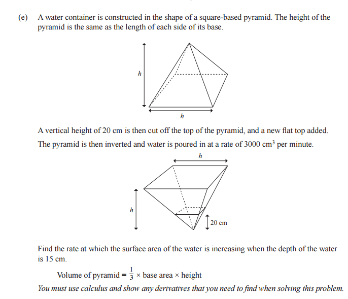 Where a is the side length of the base and h is the perpendicular distance from the base to the . Related Rates Pyramid Mathematics Stack Exchange