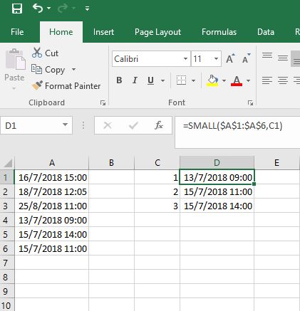 Finding earliest date in excel