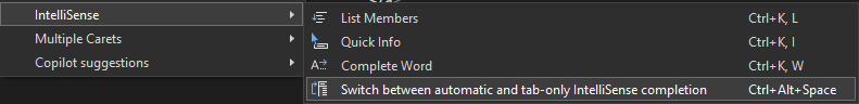 Switch between automatic and tab-only IntelliSense completion