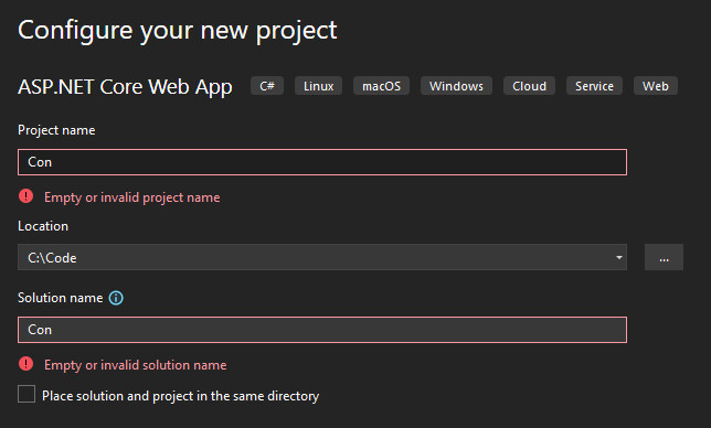 Image showing Visual Studio's new project dialog. "Project name" and "Solution name" contain the text "Con", and under each, there is a warning saying they are empty or invalid