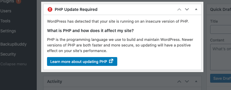 Screenshot of WordPress notice asking the user to update PHP