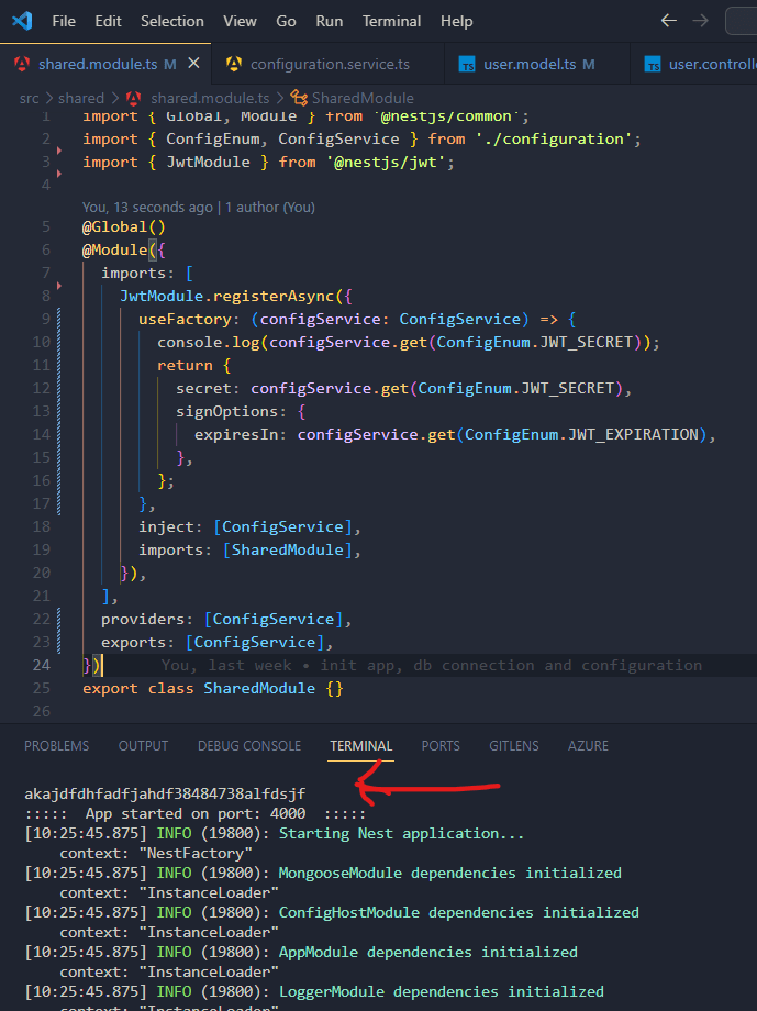 Image showing shared module and terminal and how secret is loaded from env variables