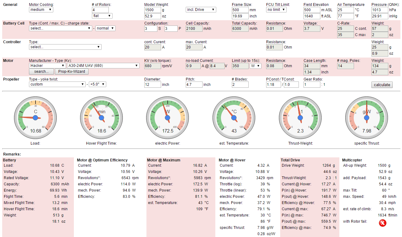 I have calculated my own thrust using static thrust calculator which is totally different from the suggested one. Drone Quadcopter