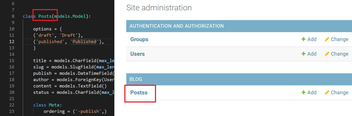 screenshot of code and admin pannel