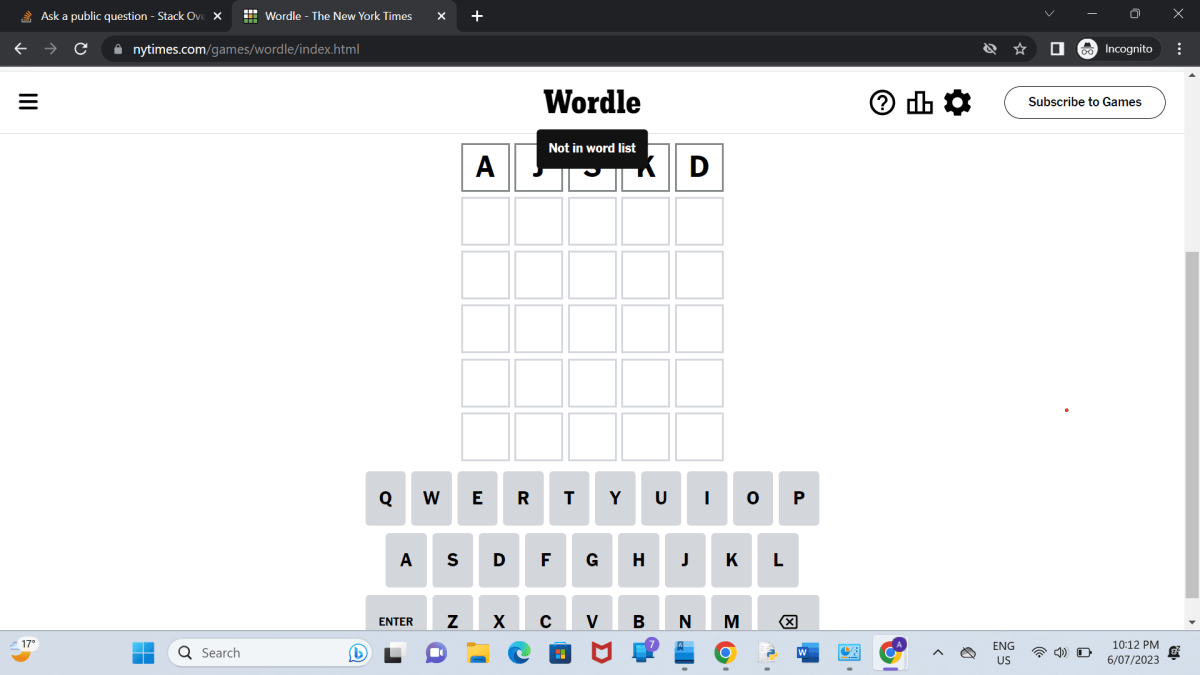 Wordle Message Pop Up