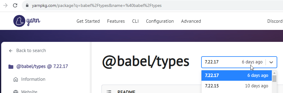 screenshot of https://yarnpkg.com/package?q=babel%2Ftypes&name=%40babel%2Ftypes showing only 7.22.17 version, no mention of 7.22.18