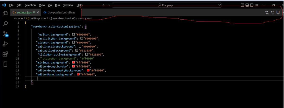 Image showing the marked area in Visual Studio Code that needs it's color changed