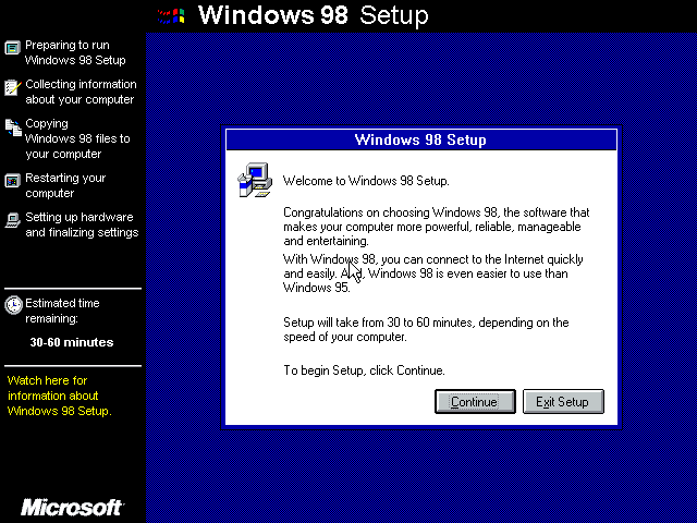 Windows 98 セットアップの Windows 3 フェーズのスクリーンショット