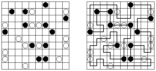 This is a Masyu puzzle with its solution on the right