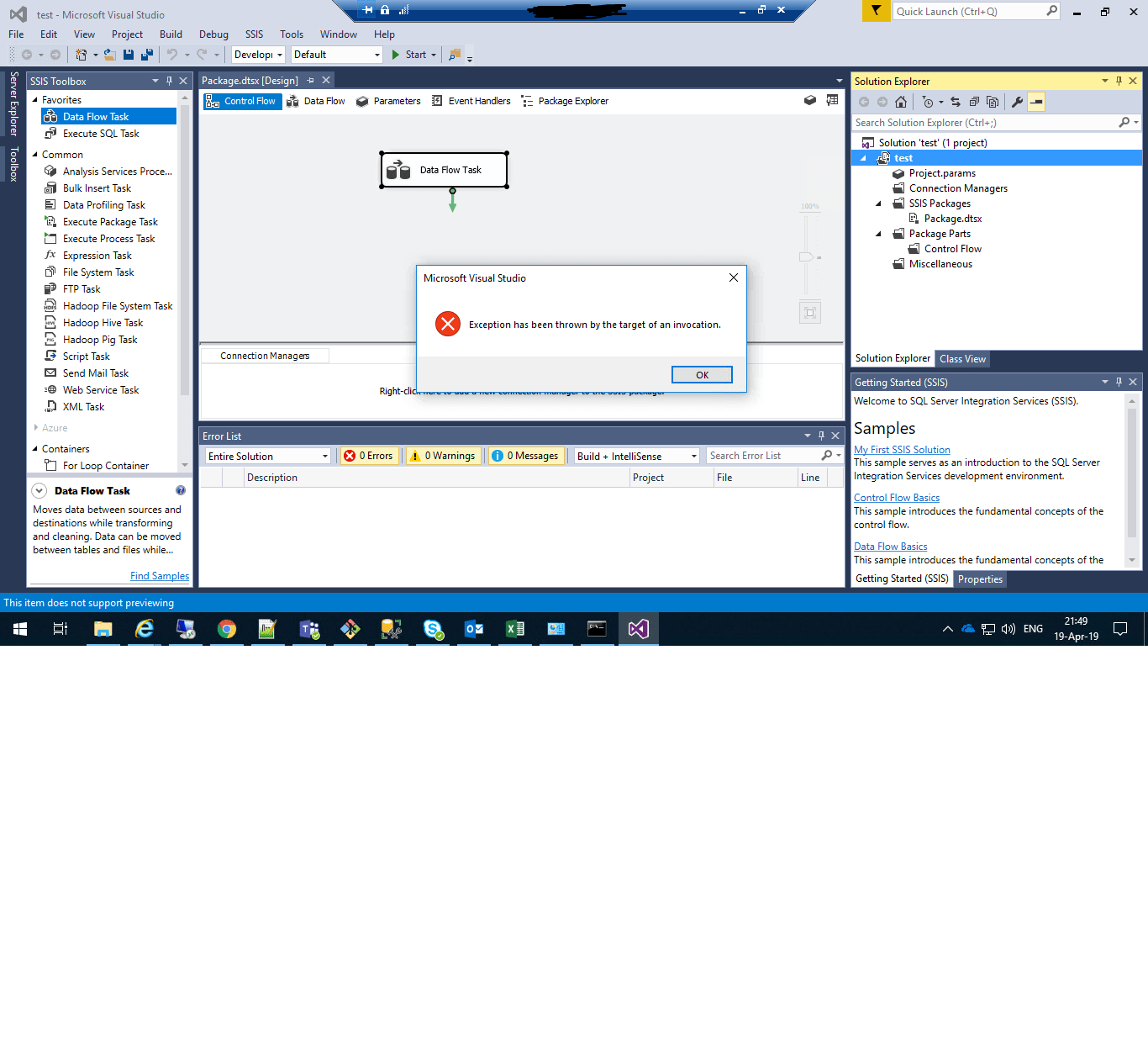 sql server - SSDT 2015 Exception has been thrown by the target of an  invocation - Stack Overflow