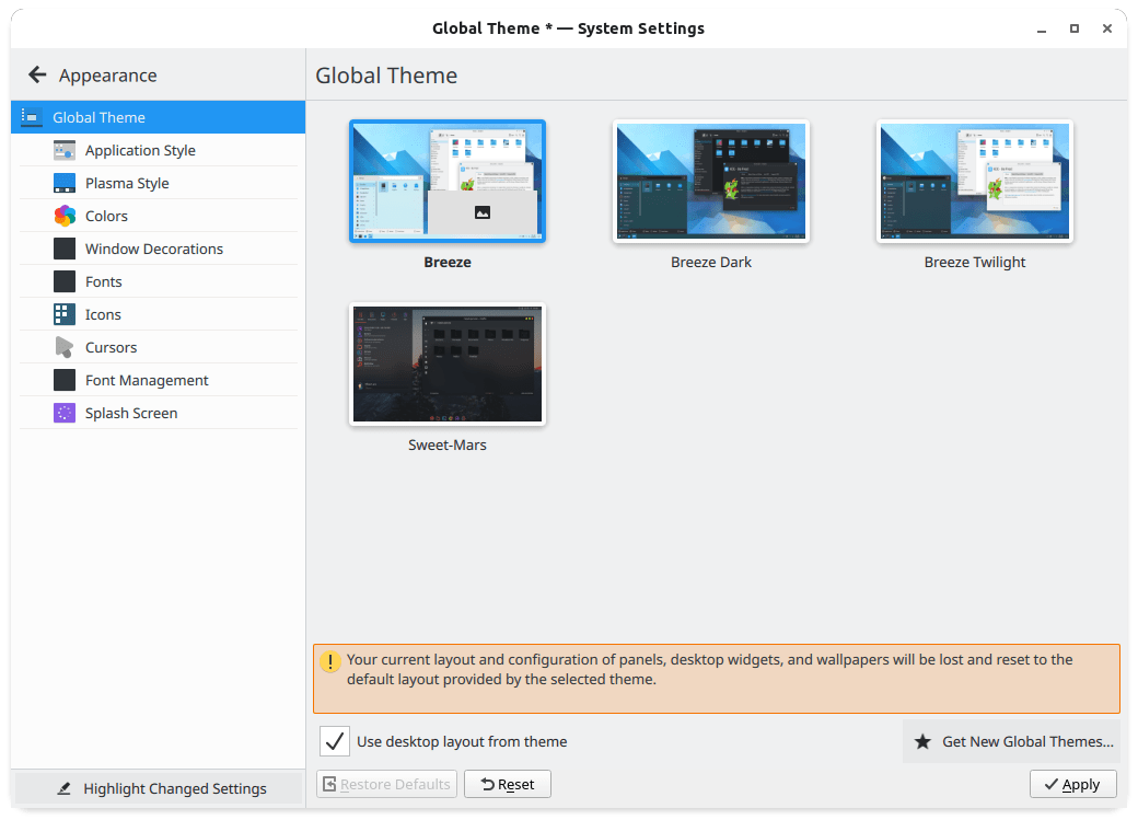 Breeze theme selection