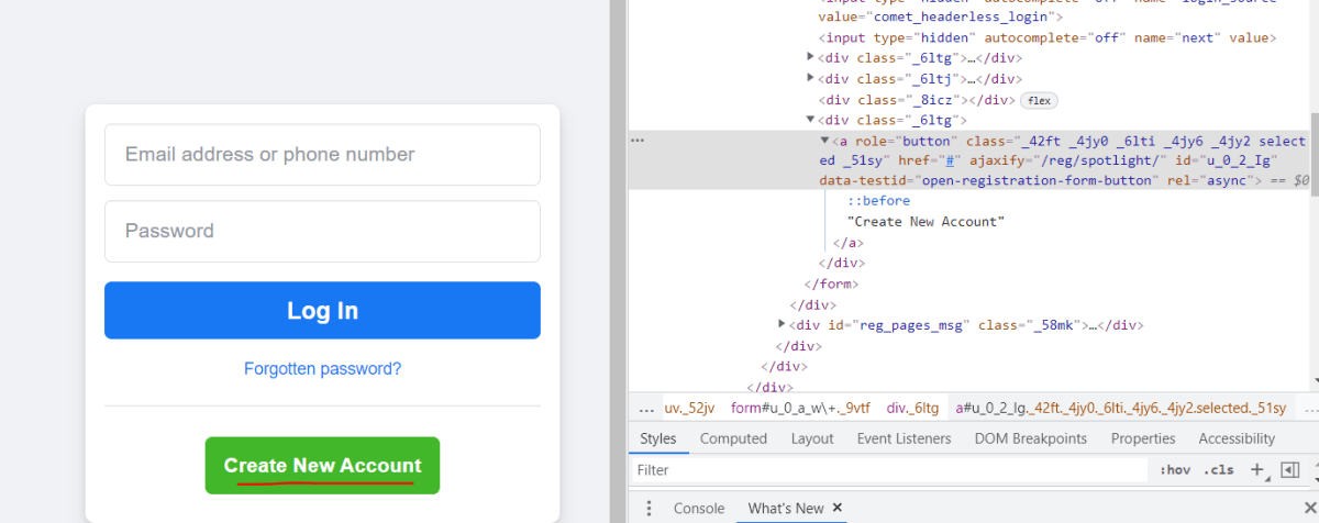 Inspect element on Create an account button