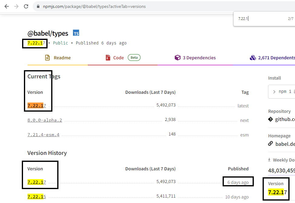 screenshot of https://www.npmjs.com/package/@babel/types?activeTab=versions showing only 7.22.17 version, no mention of 7.22.18