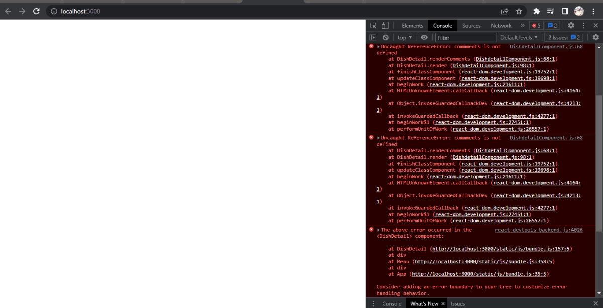 However, after I clicked it, the whole cardView disappeared, leaving only blank screens with "comment is not defined" errors on the console.