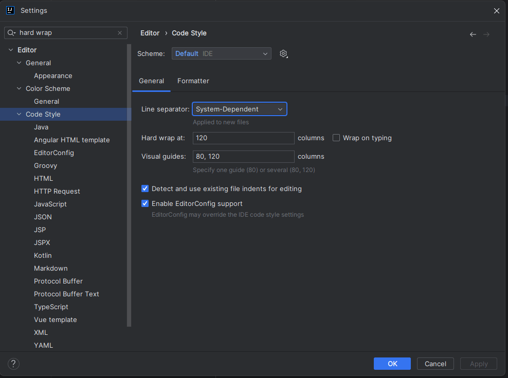 Settings window showing column guides at 80, 120