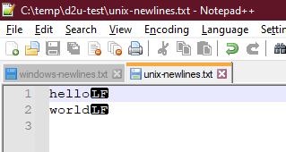 Screenshot of unix-newlines.txt in Notepad++