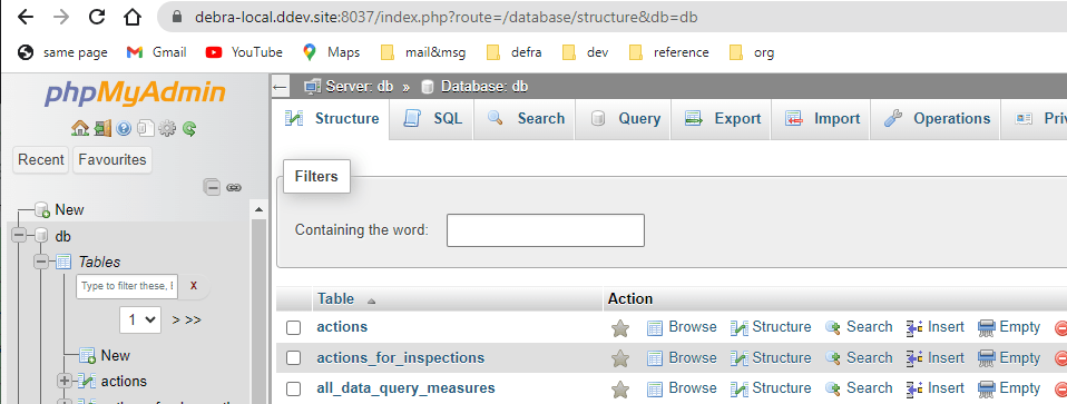 phpmyadmin screenshot of database