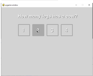 To create the screen using pygame, you will need to make use of the display.set_mode() function. Pygame How To Make Multiple Choice Games On Python Stack Overflow