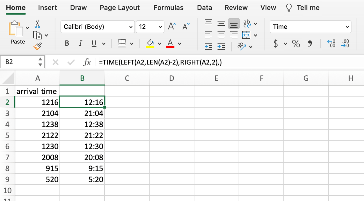 Formula to convert 3 or 4 digit number to time format