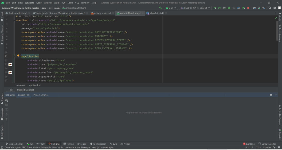 no errors in androidmanifest file