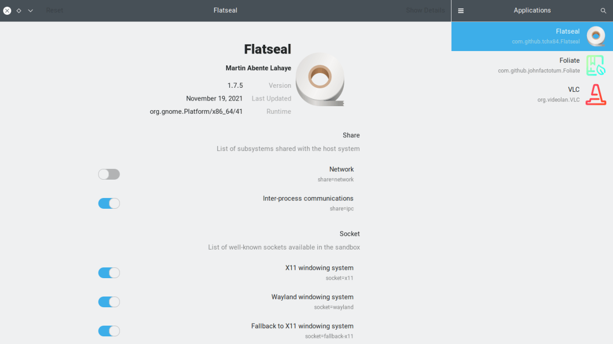 Flatseal's menu has gone to the right side.