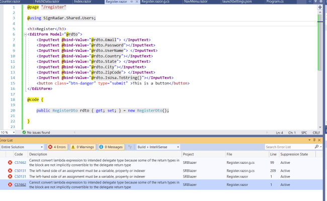 C Blazor App Puzzling Compiler Error Message On A New Page Stack