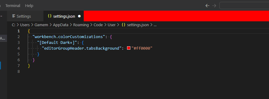 image showing the editorGroupHeader.tabsBackground turned to red