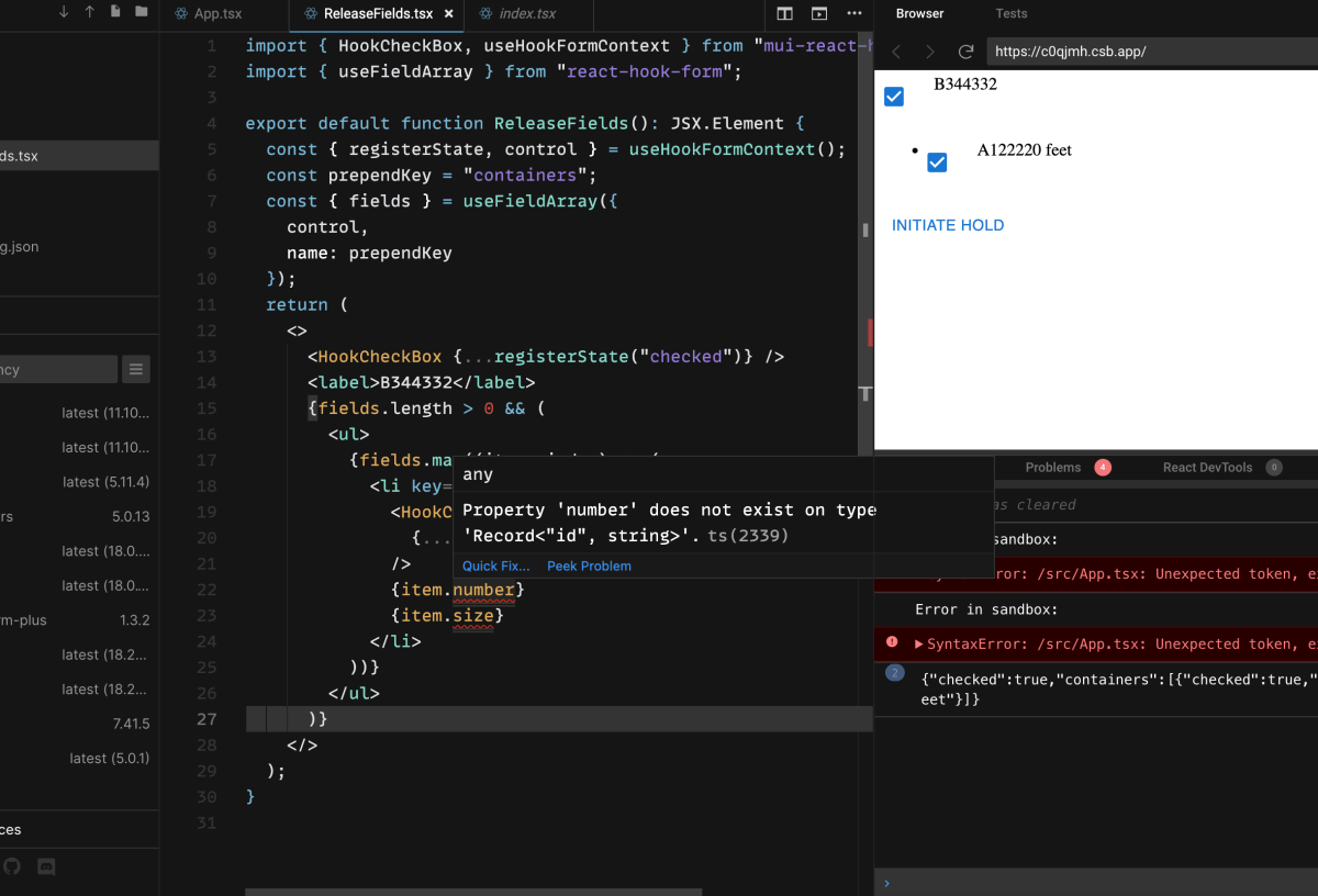 Property 'number' does not exist on type 'Record<"id", string>' in react js