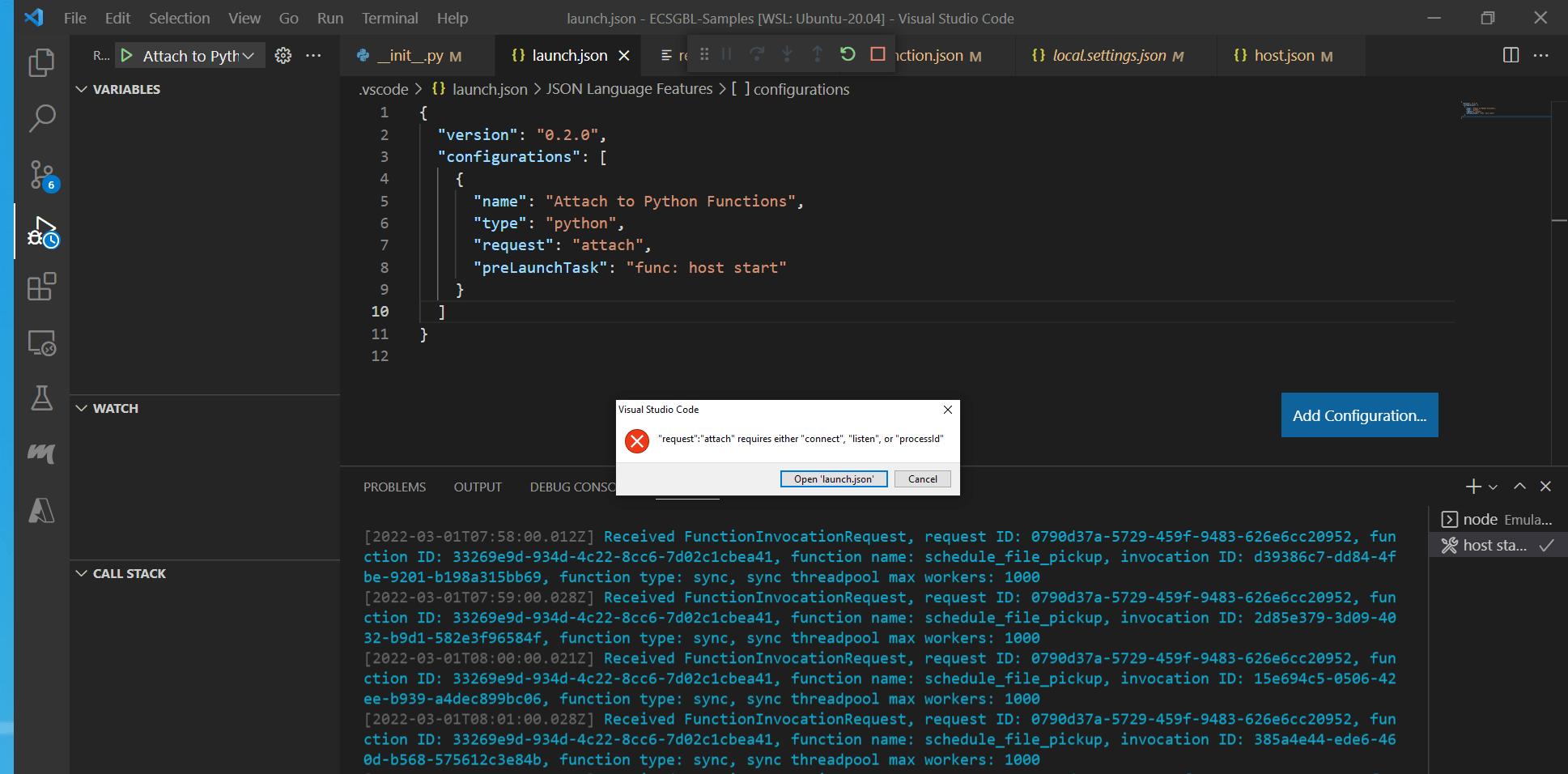 How To Fix launch json Error When Debugging Azure Function Locally 