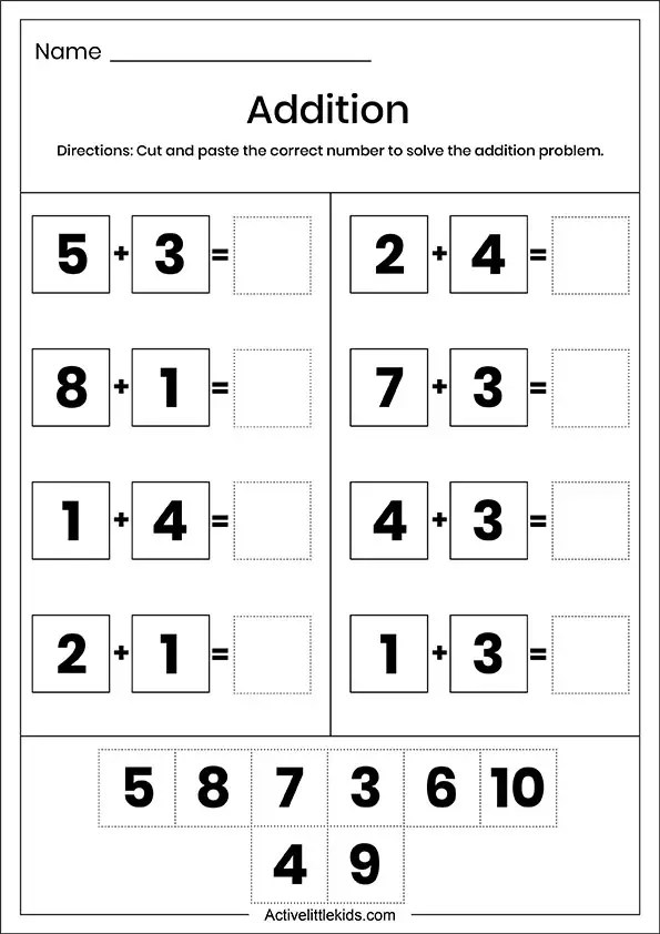 Cut and paste addition worksheets for kindergarten