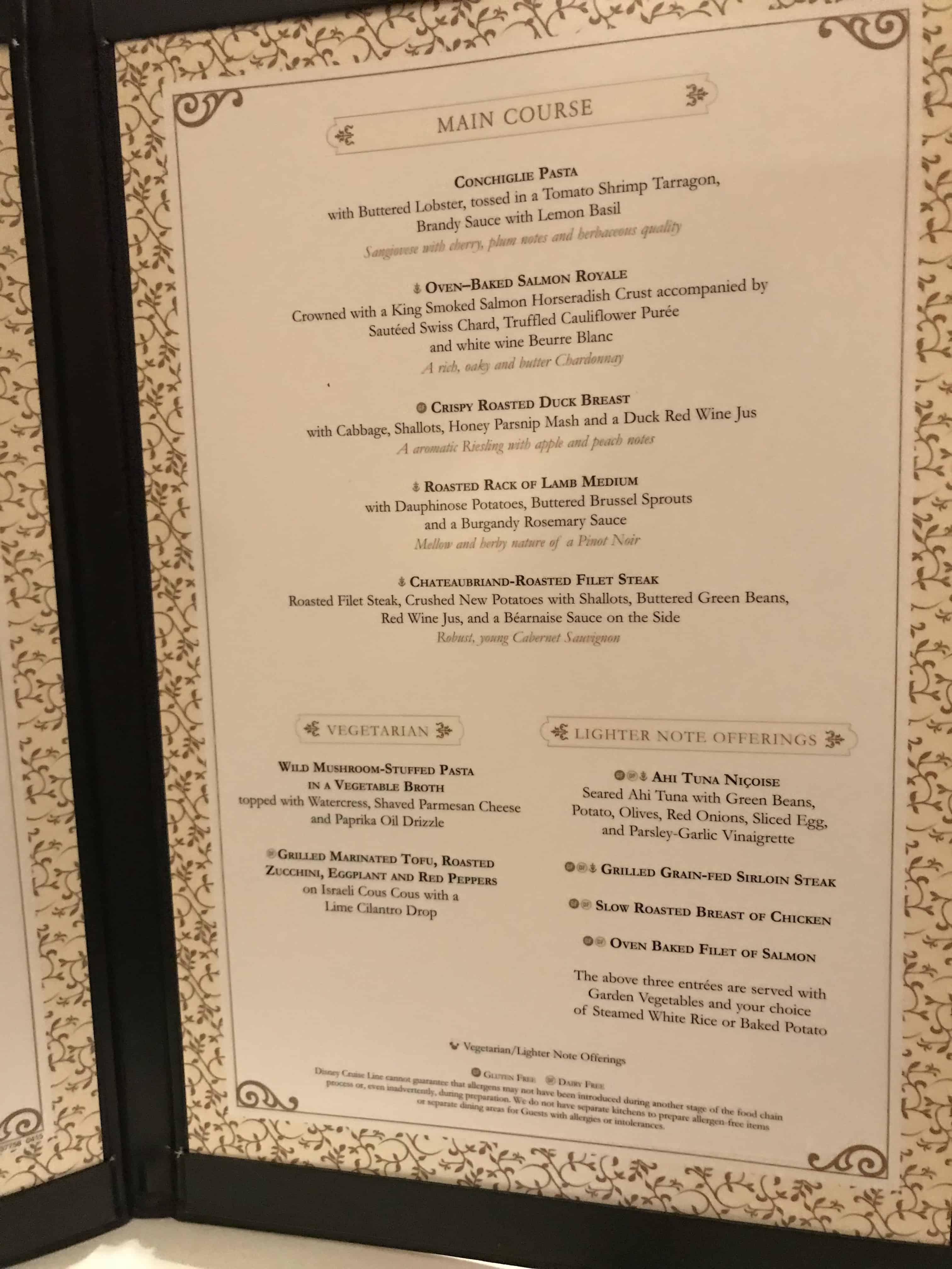 Disney Magic Lumiere S Dinner Menu Back To The Mouse