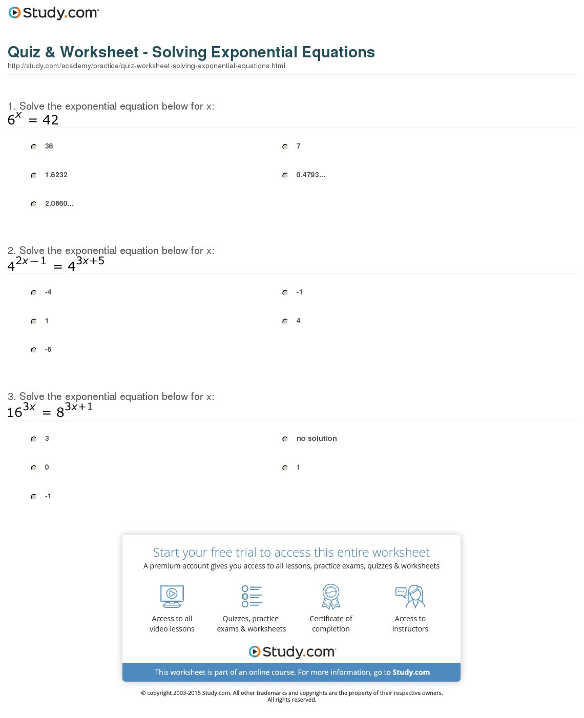 Worksheet exponential equations