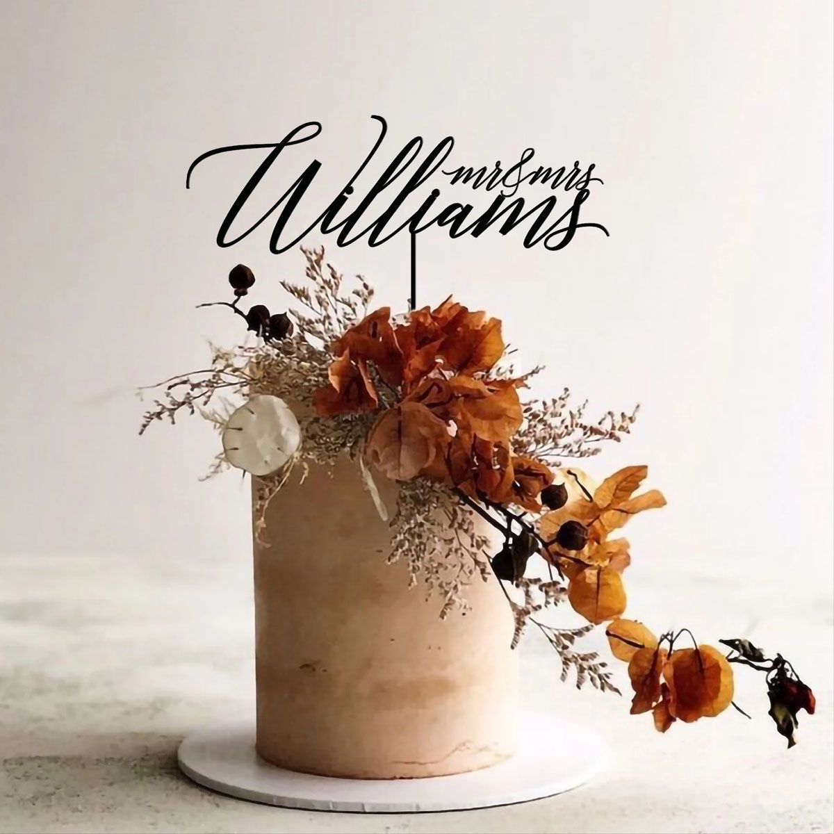 custom cursive script rustic wedding cake toppers