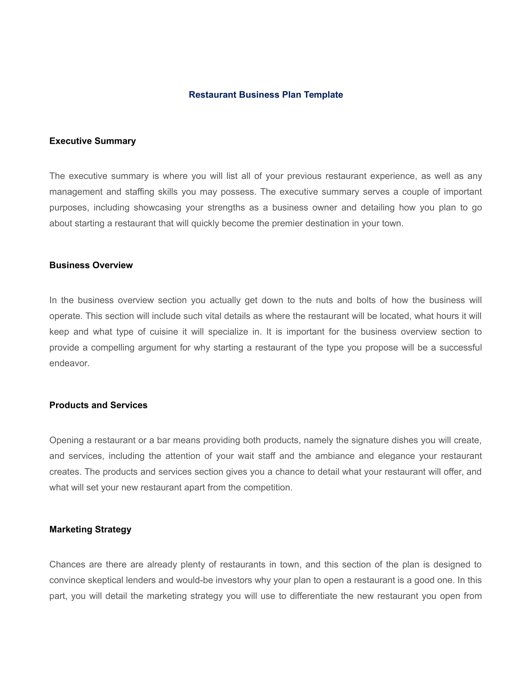 Bar Restaurant Business Plan Template