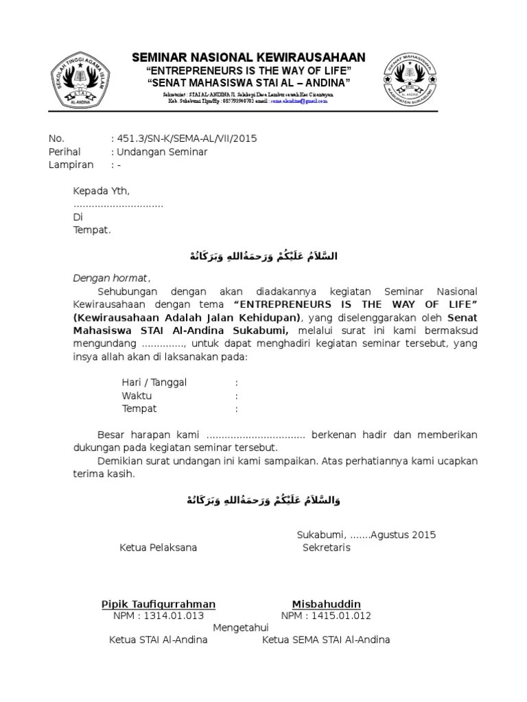 Pernahkah anda mendapatkan surat undangan yang resmi yang dikirimkan dari lembaga atau instansi tertentu? 51 Contoh Surat Undangan Seminar Untuk Mahasiswa Terbaru