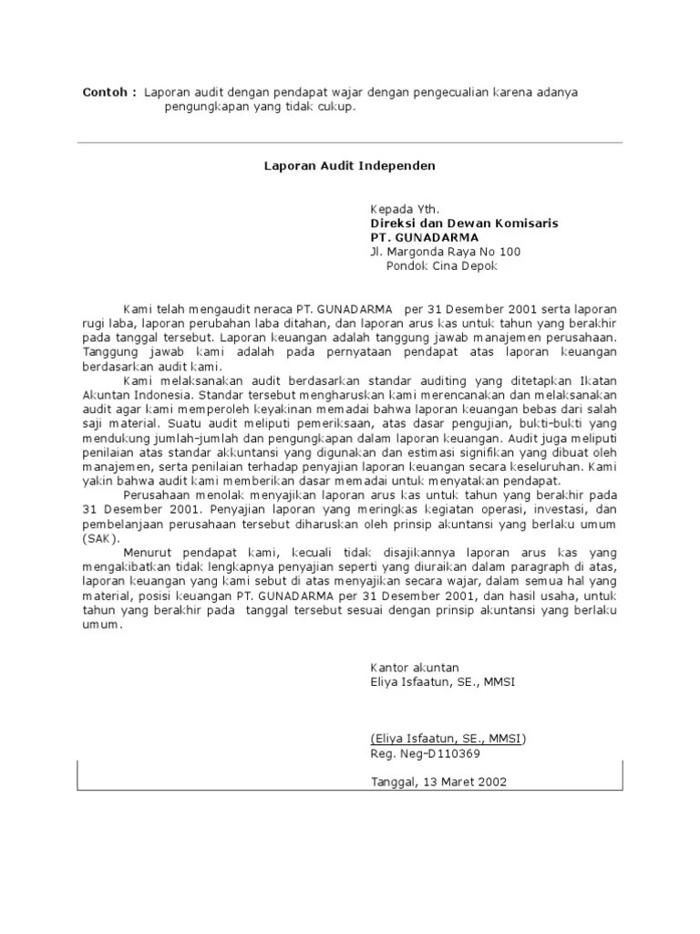 Contoh Kasus Oi Audit Wajar Tanpa Pengecualian Contoh Surat 