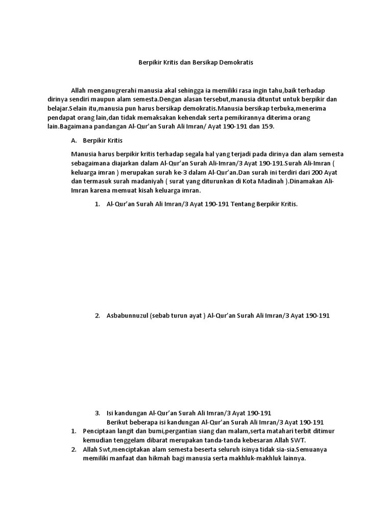 Kandungan Surat Ali Imran Ayat 190-191 / Jelaskan Perilaku Yang  Mencerminkan Isi Kandungan Qs Al Imran Ayat 159 Brainly Co Id / Berikut ini  adalah kutipan teks bacaan surat ali imran 190