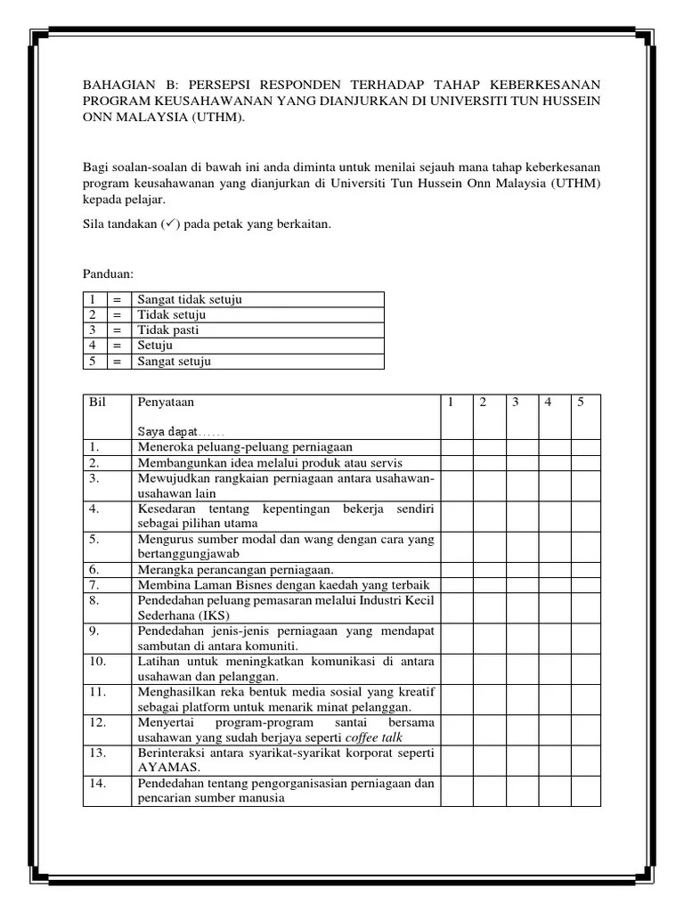 Contoh Borang Soal Selidik Usahawan Supaloe Versi 16 untuk mendapatkan kekerapan peratus dan min.