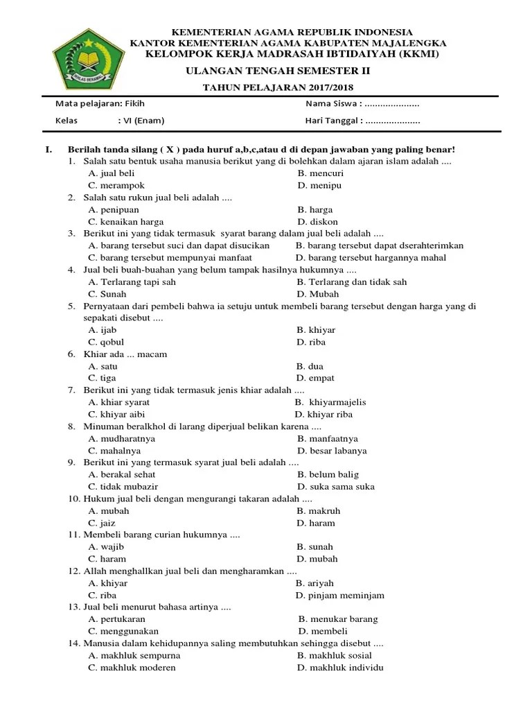 Doc Soal Uts Fikih K 13 Kelas 5 Semester 2