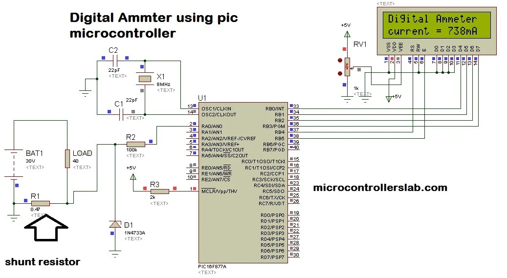 Digital Ammeter Circuit And Project Using Pic Microcontroller