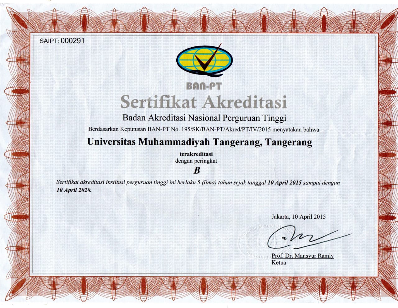 Sertifikat Akreditasi Universitas Muhammadiyah Tangerang Umt Download Pba Umt