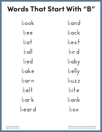 Words that start with b for kindergarten