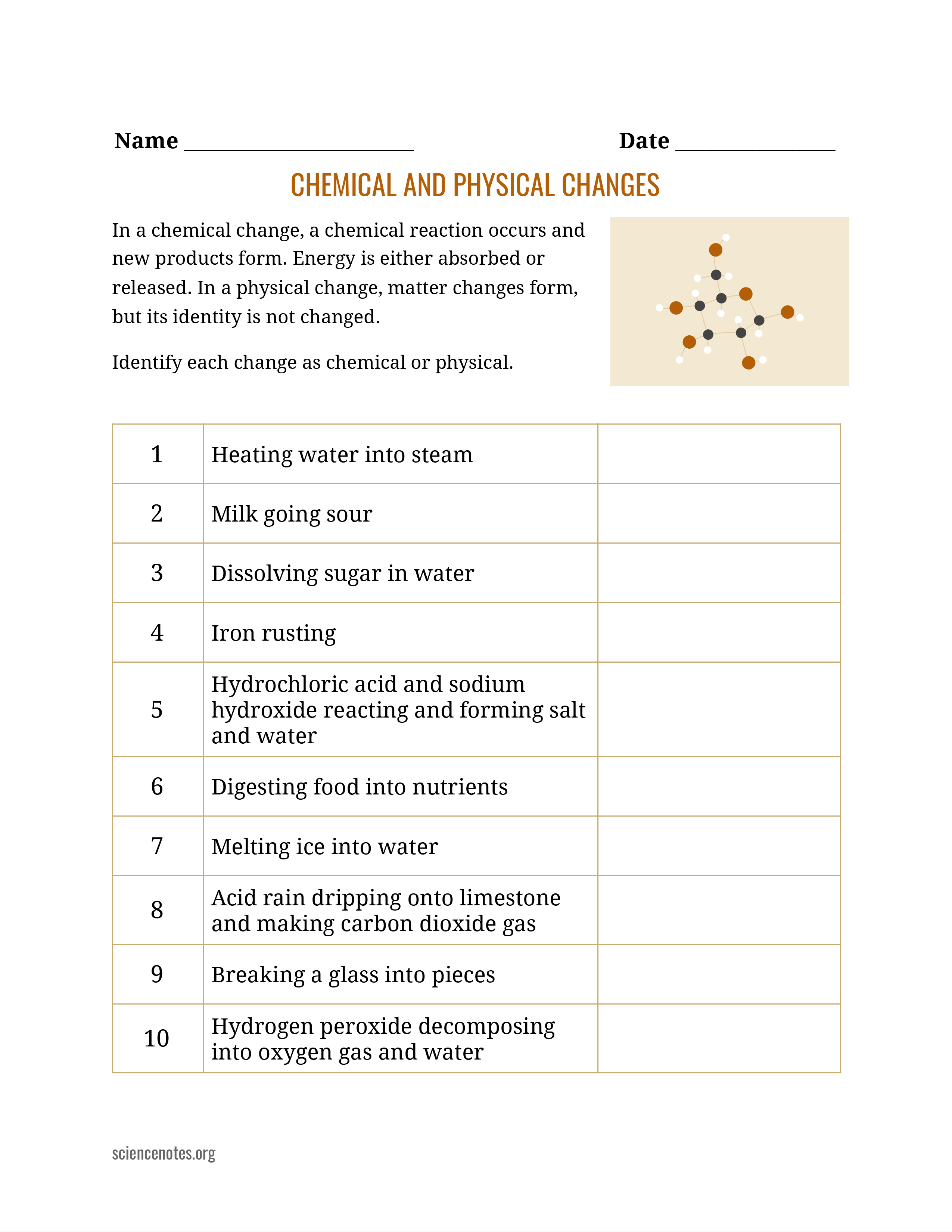 Physical changes of matter worksheet