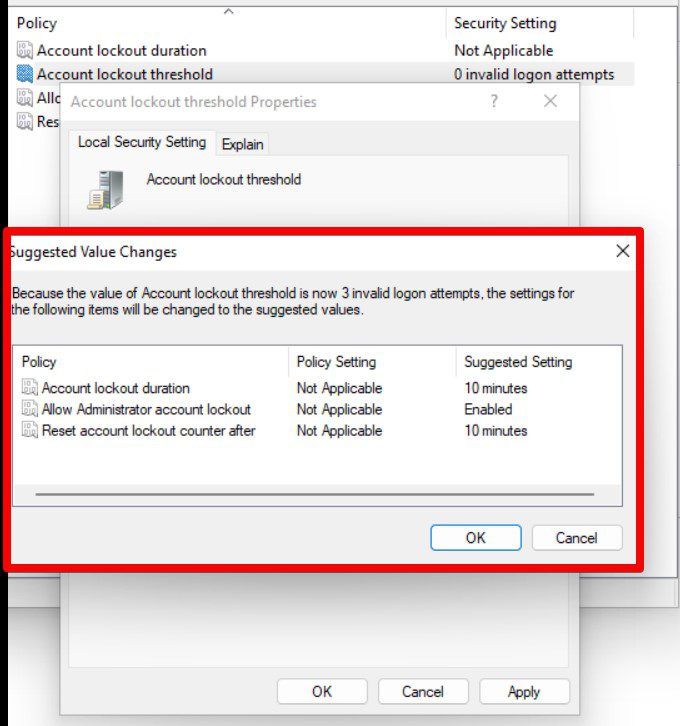 Change account lockout threshold for local accounts in windows