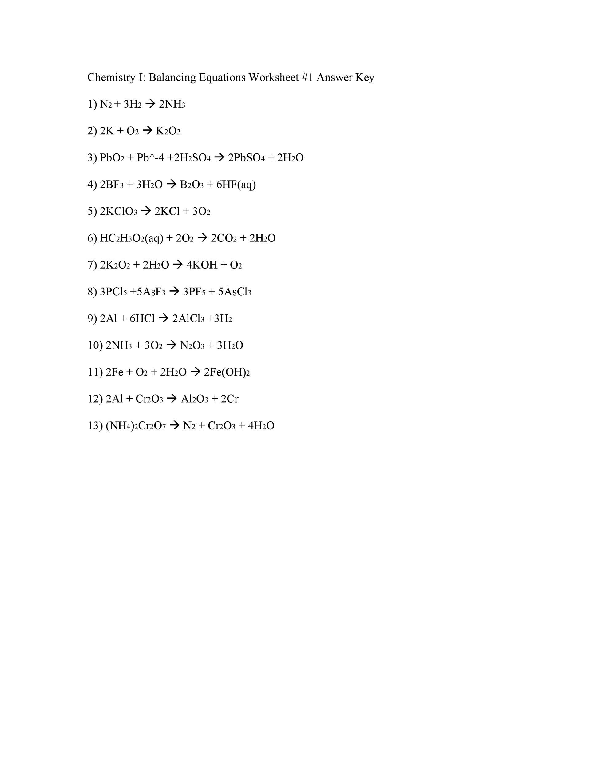 Chapter 7 worksheet #1 balancing chemical equations